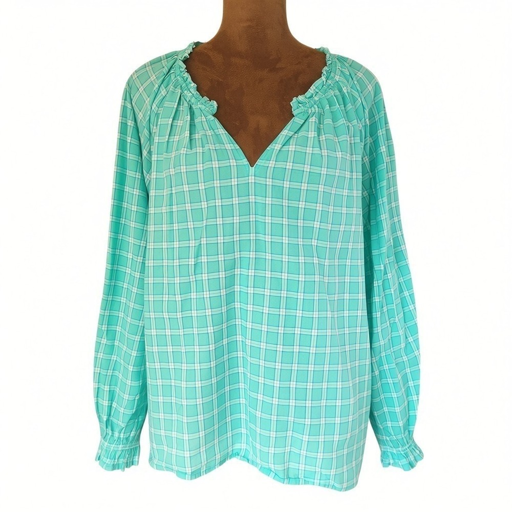 J.Crew Gingham Ruffle Neck Blouse Cotton Blue Green Lightweight Women's Size L